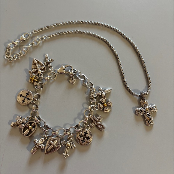 Brighton Heavenly Cross Charm Bracelet Necklace Set Silver Gold Retired Faith